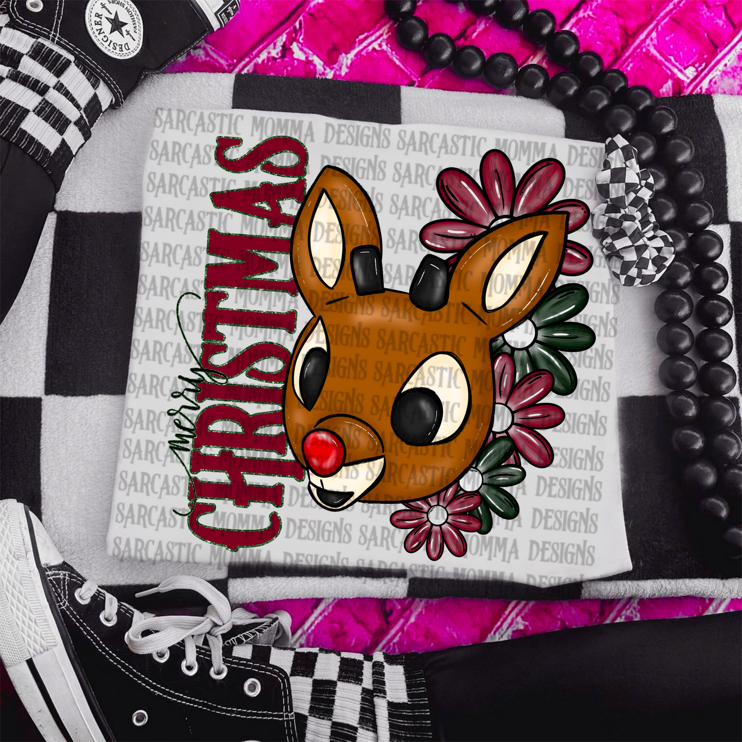 Rudolph Merry Christmas Floral & Sleeve- 2 PNG Files