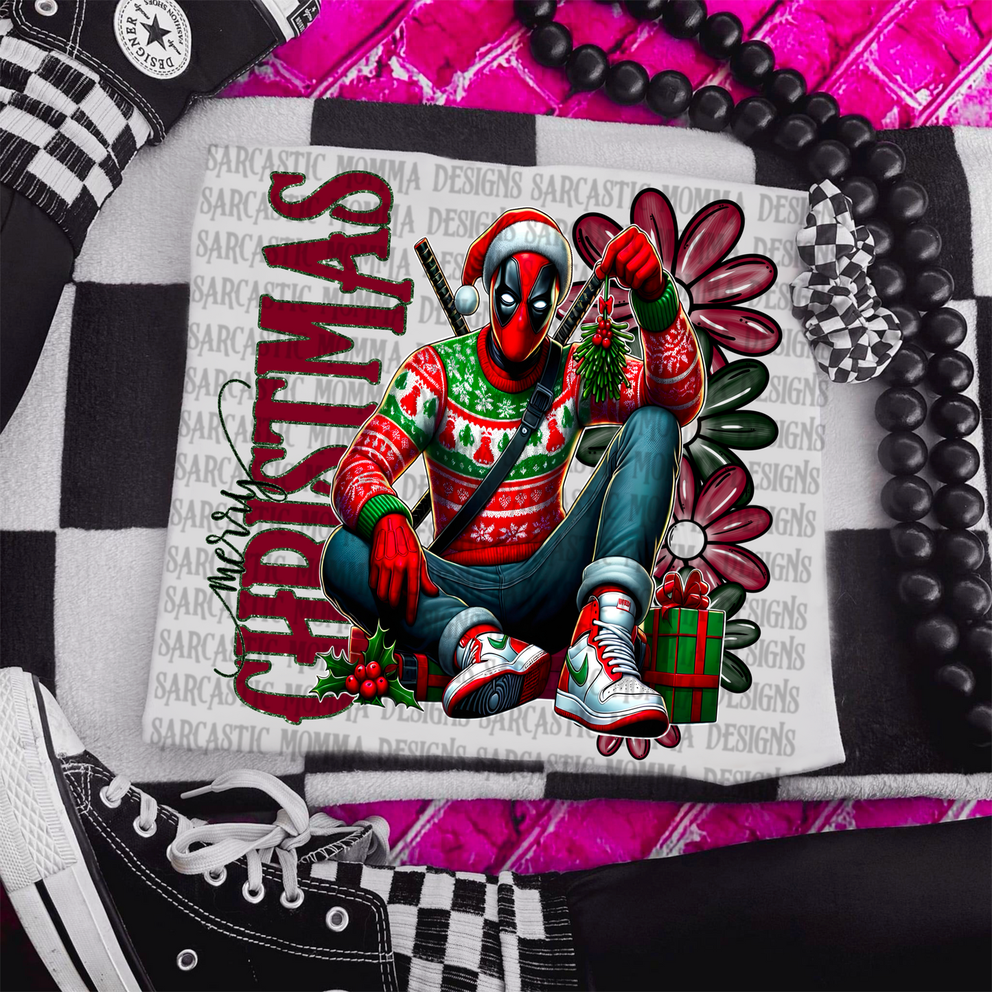 Deadpool Merry Christmas Floral & Sleeve- 2 PNG Files