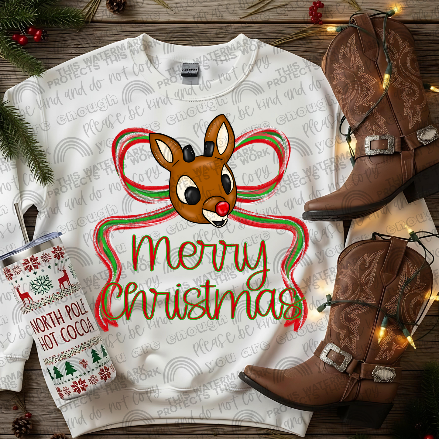 Rudolph Merry Christmas Preppy Bow PNG File