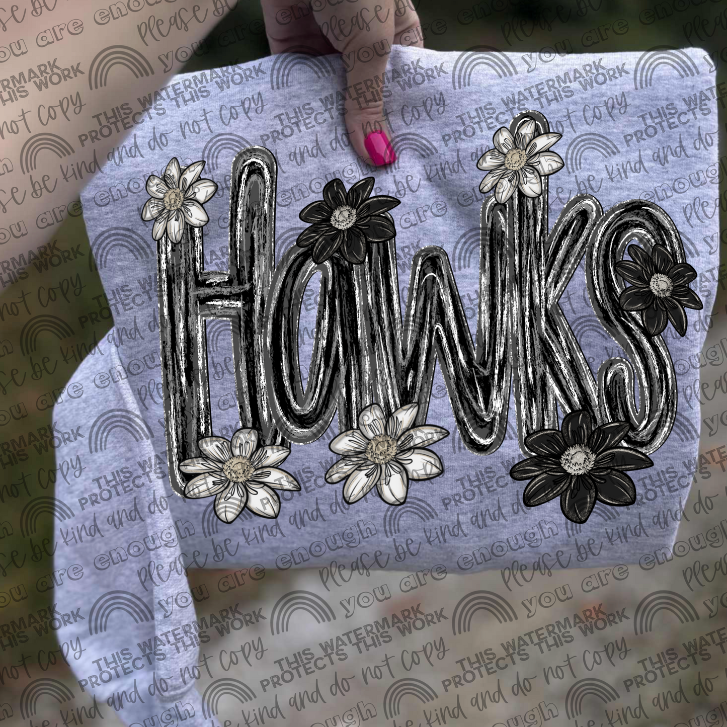 Hawks Mascot Black & White Flowers PNG File