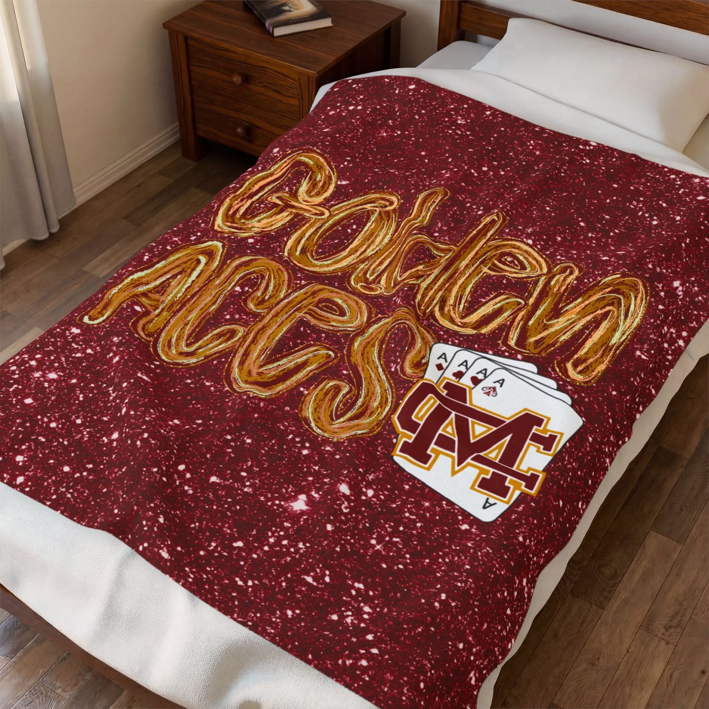 Golden Aces Maroon Faux Glitter Velveteen Plush Blanket