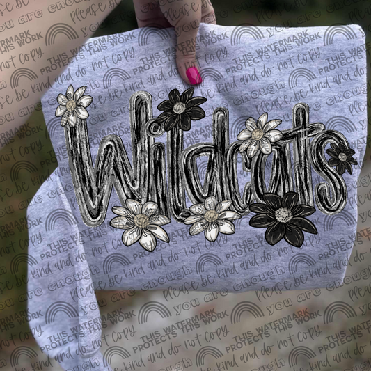 Wildcats Mascot Black & White Flowers PNG File