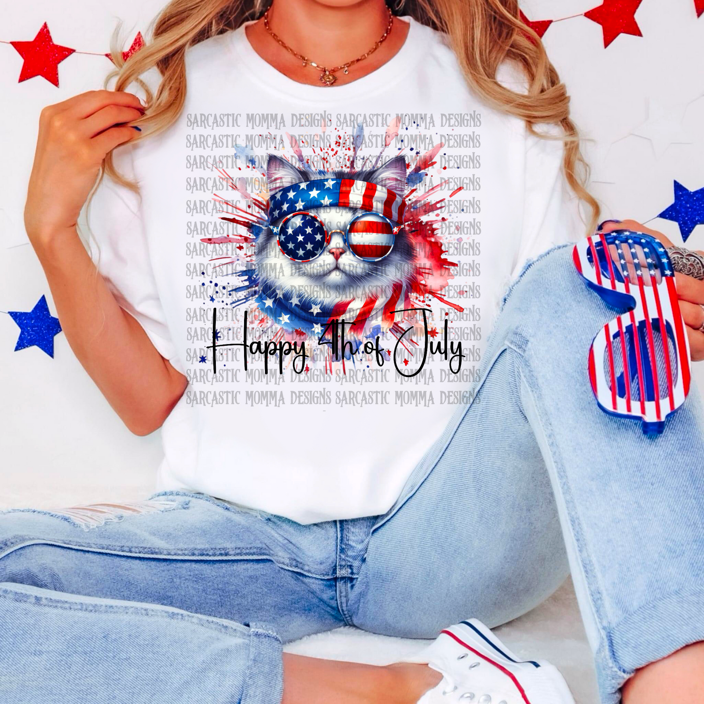 White Cat Happy 4th of July PNG File