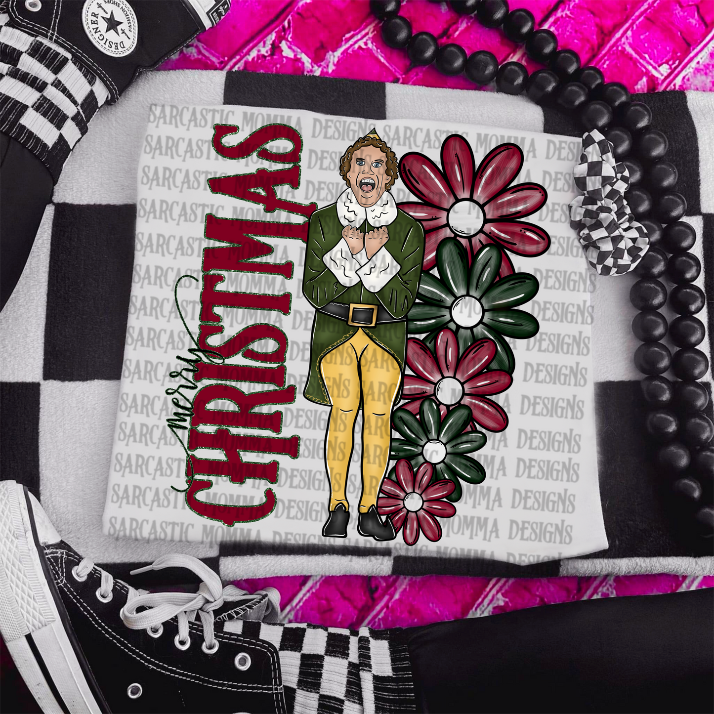 Buddy the Elf Merry Christmas Floral & Sleeve- 2 PNG Files