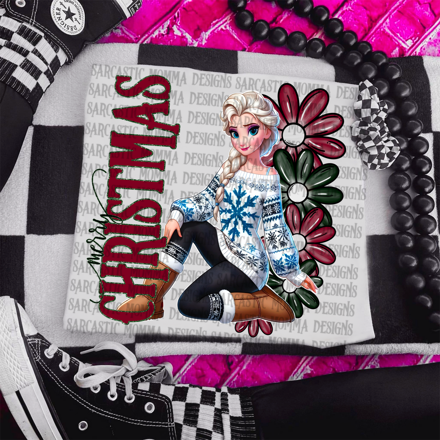 Elsa Merry Christmas Floral & Sleeve- 2 PNG Files
