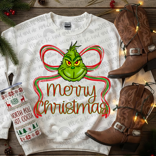 Green Guy Face Merry Christmas Preppy Bow PNG File