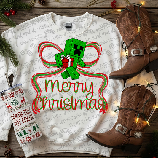 Minecraft Creeper Merry Christmas Preppy Bow PNG File