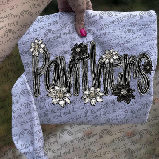 Panthers Mascot Black & White Flowers PNG File