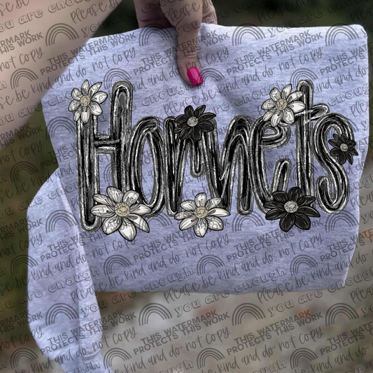 Hornets Mascot Black & White Flowers PNG File