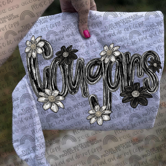 Cougars Mascot Black & White Flowers PNG File