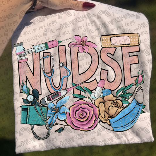 Nurse Floral Glitter PNG File