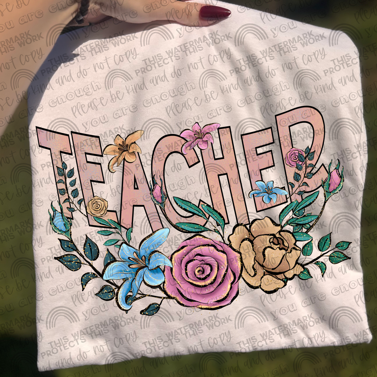 Teacher Floral Glitter PNG File