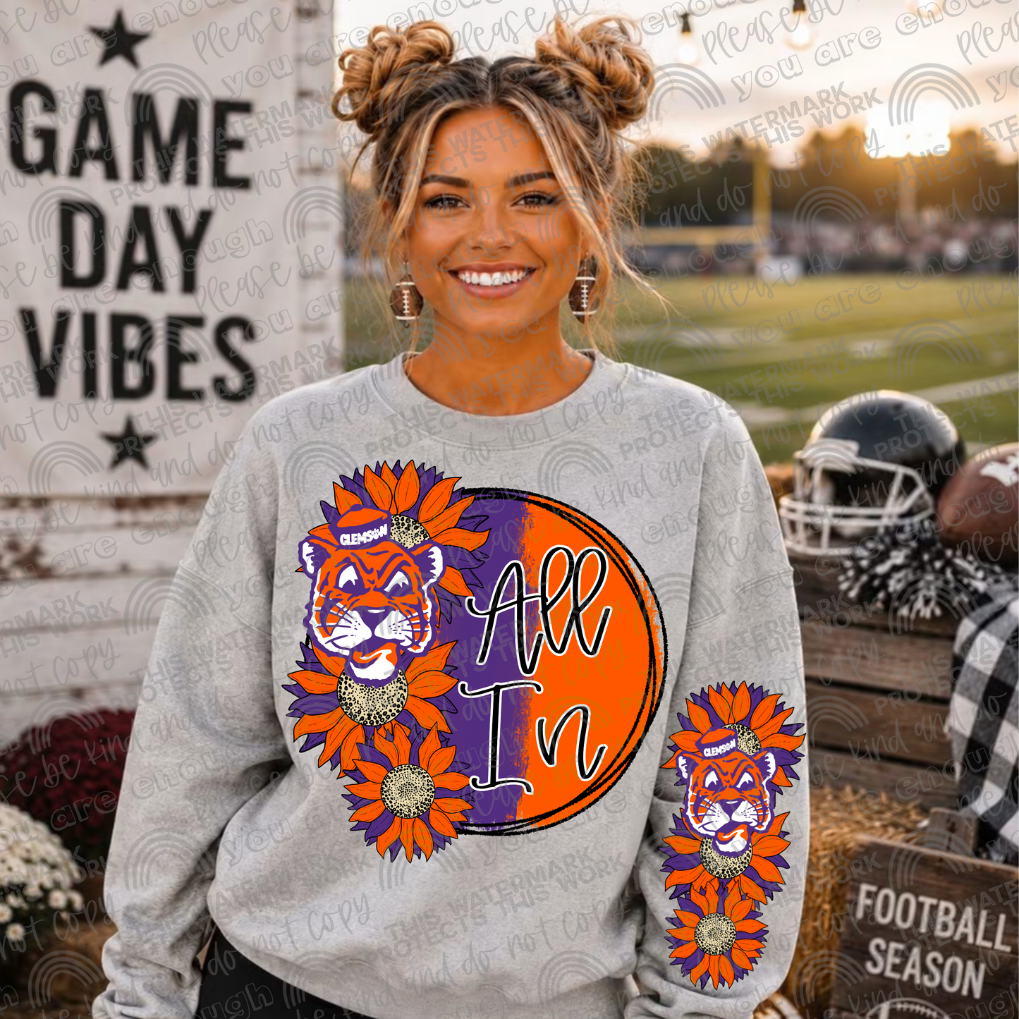 Clemson All In Sunflowers with Sleeve (Logo and Mascot Versions)- 4 PNG Files